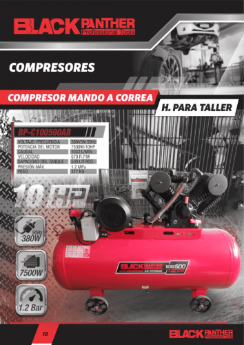 COMPRESOR A PISTON C/RUEDA 10.0HP 500Lts.TRIF 380V ALTA/BAJA - BLACK PANTHER - FMT - NAKAMA