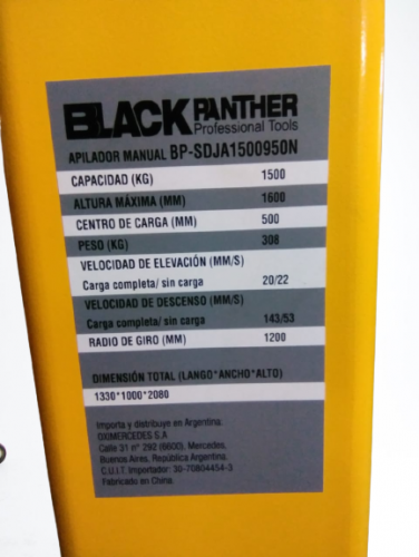 APILADORA MANUAL 1.5TN UÑA AJUSTABLE 950 x 1060mm - BLACK PANTHER - FMT - NAKAMA