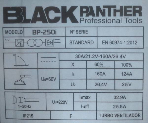 SOLDADORA INVERTER HASTA 3.25MM OPCIONAL TIG 250i - BLACK PANTHER - FMT - NAKAMA